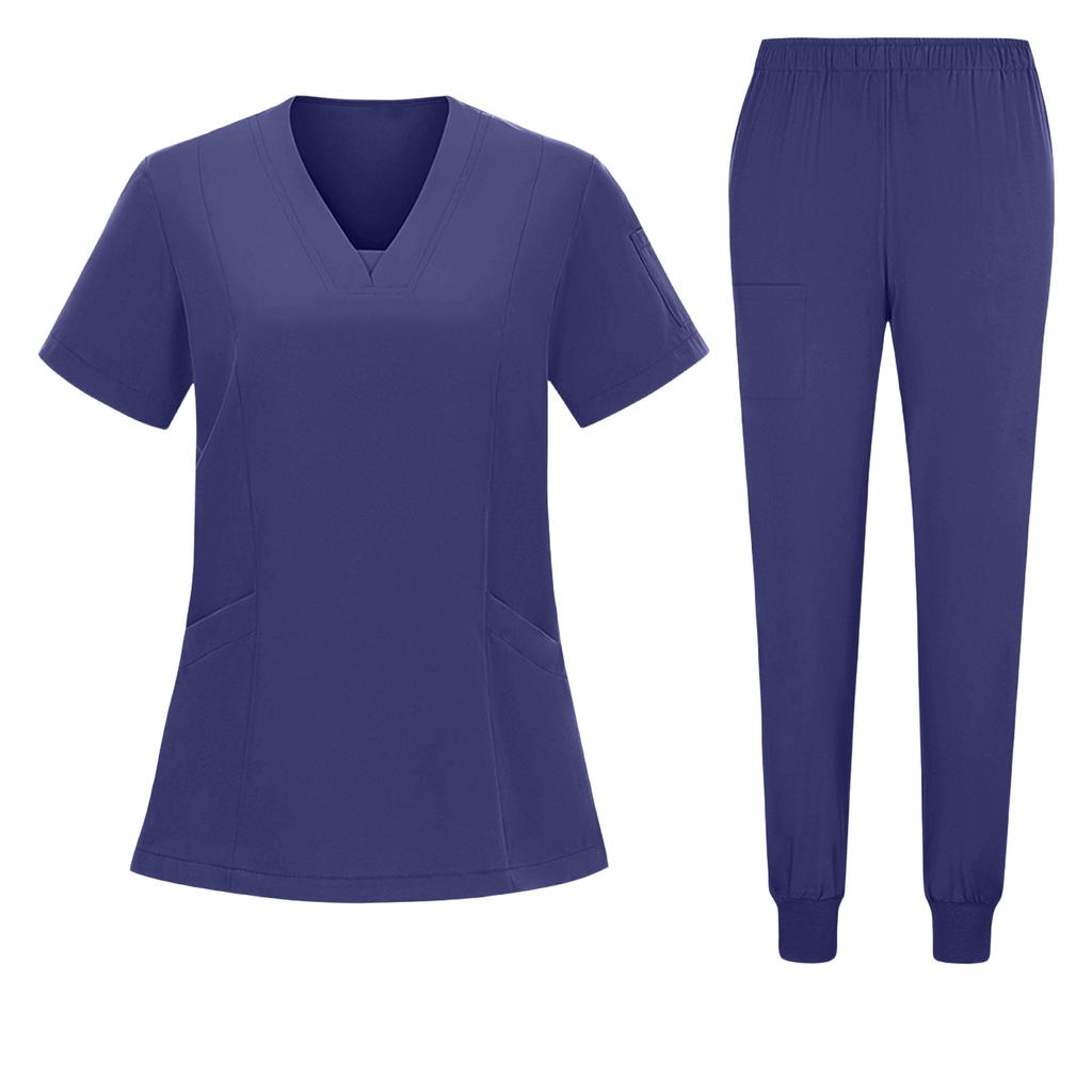 Women's Short Sleeved Color Round Neck Pocket Top Pants Work Clothes Two Piece Set