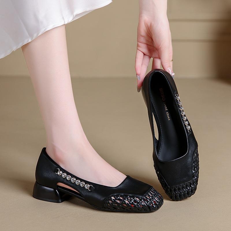 Summer New Style of Hollowed-out Shoes and Woven Sandals with Rhinestone Rough Heels