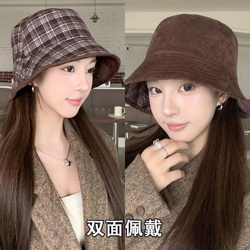 Retro Double-sided Plaid Bucket Hat Women's Autumn and Winter Deerskin Velvet Showing Face Small Versatile Basin Hat Casual Hat Tide