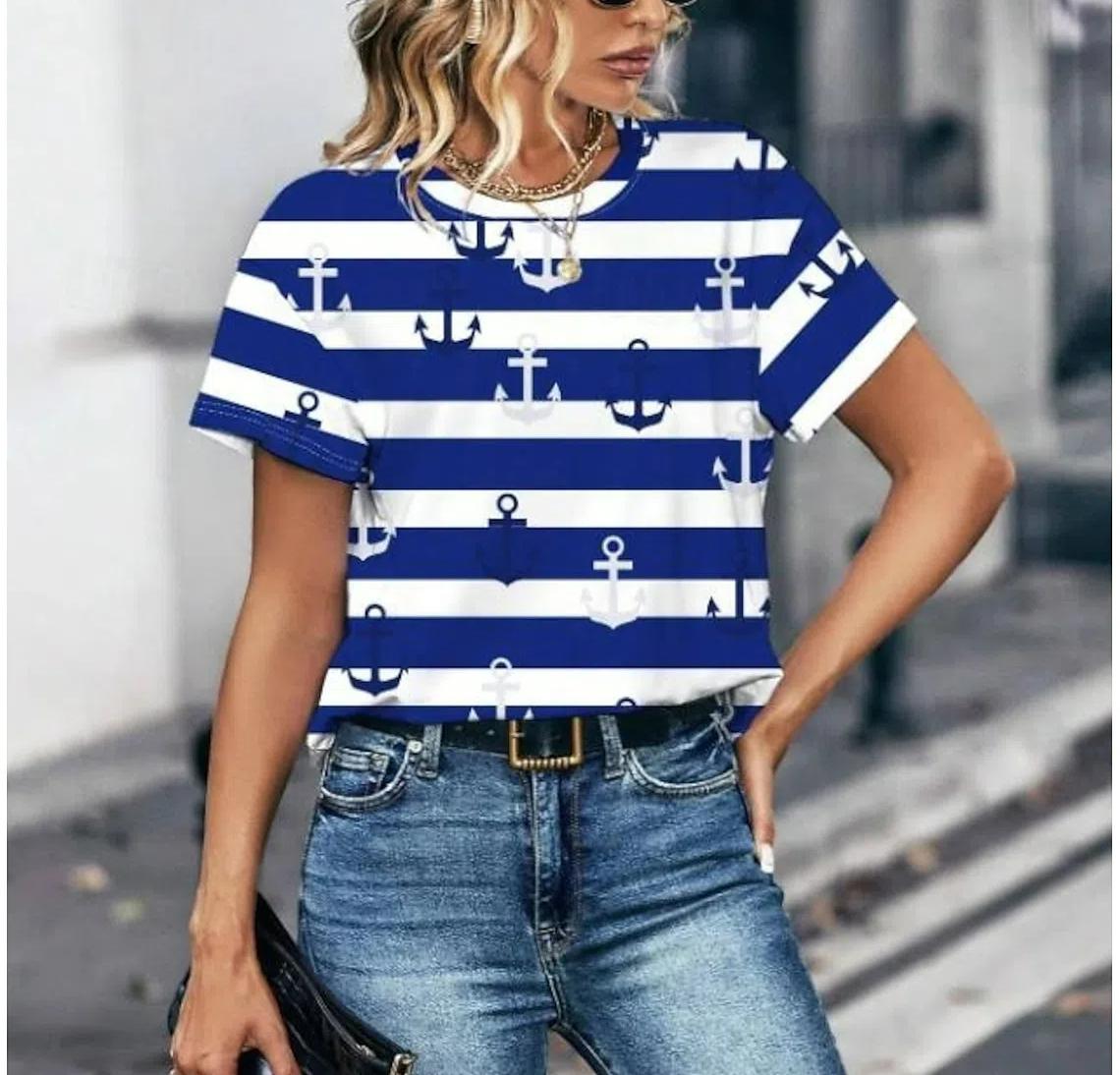 

Футболка большого размера для женщин с рисунком якоря, футболки, летние повседневные топы с коротким рукавом, футболки с круглым вырезом, женская одежда, пуловер M