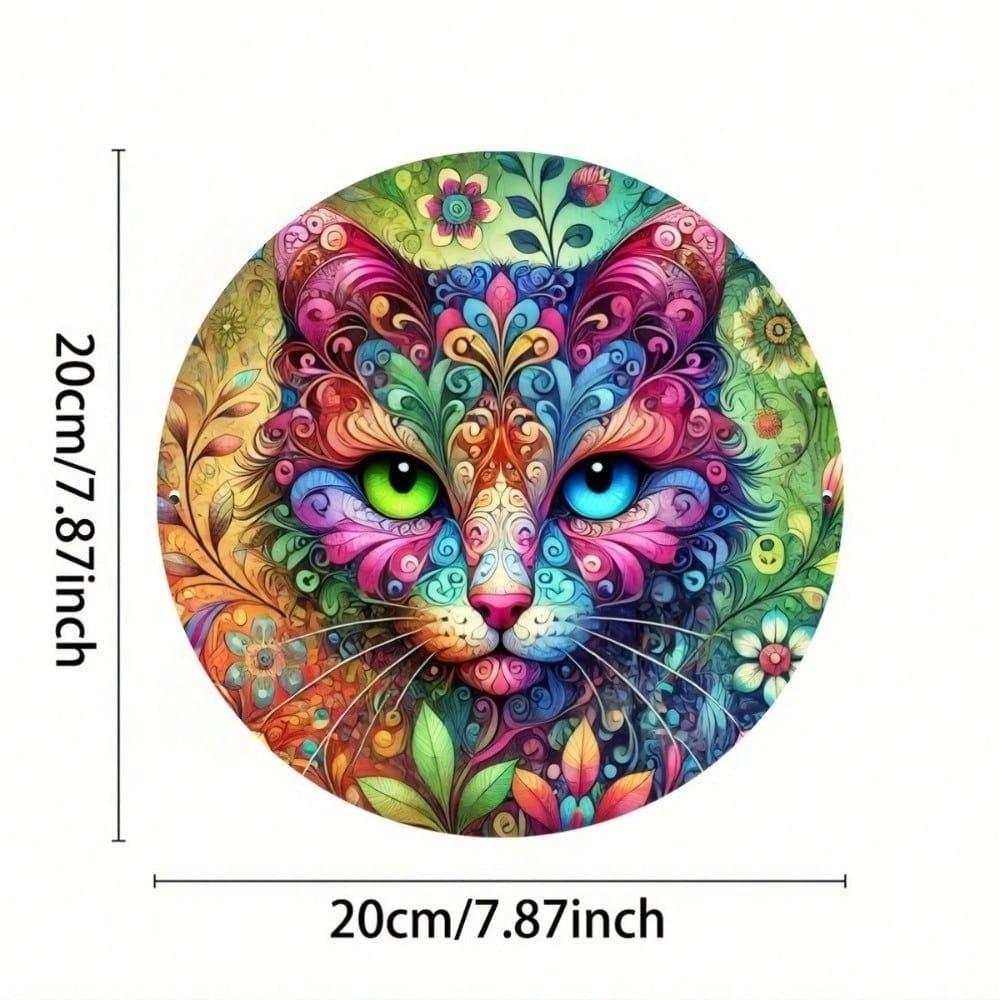 Mandala Cat Metal Tin Sign Wall Art 8x8 Inch, Round Vibrant Decor for Living Room Bedroom