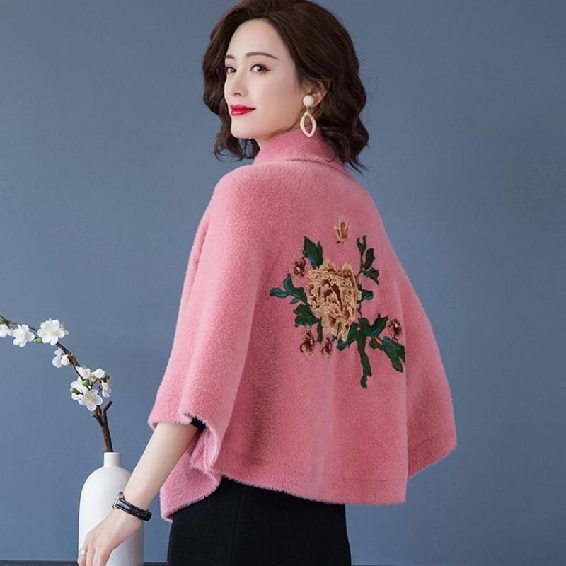 Autumn and winter warm little cloak fashionable and versatile cape jacket women's round neck embroidered top