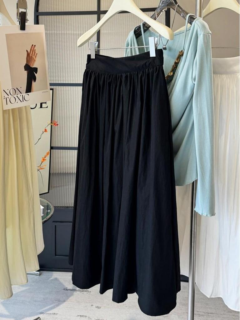2026 New Women's Pleated Elastic Waist A-line Midi Skirt - High Waist, Slimming, Textured Design for Spring/Summer