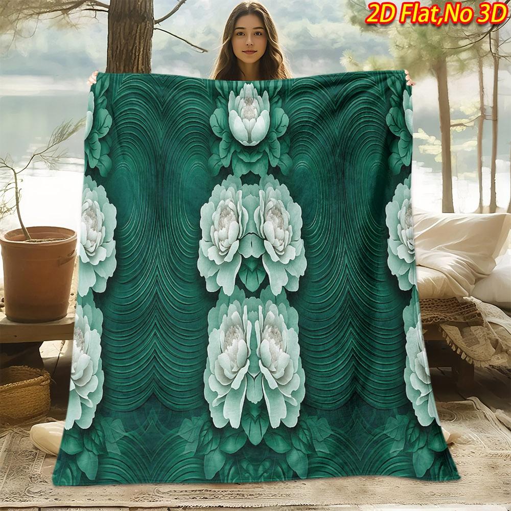 1pc Elegant Teal Green & White Peony Blanket - Soft Flannel Suitable for All Seasons, Machine Washable Bedspread or Couch Throw, Cozy Bedding Gift for