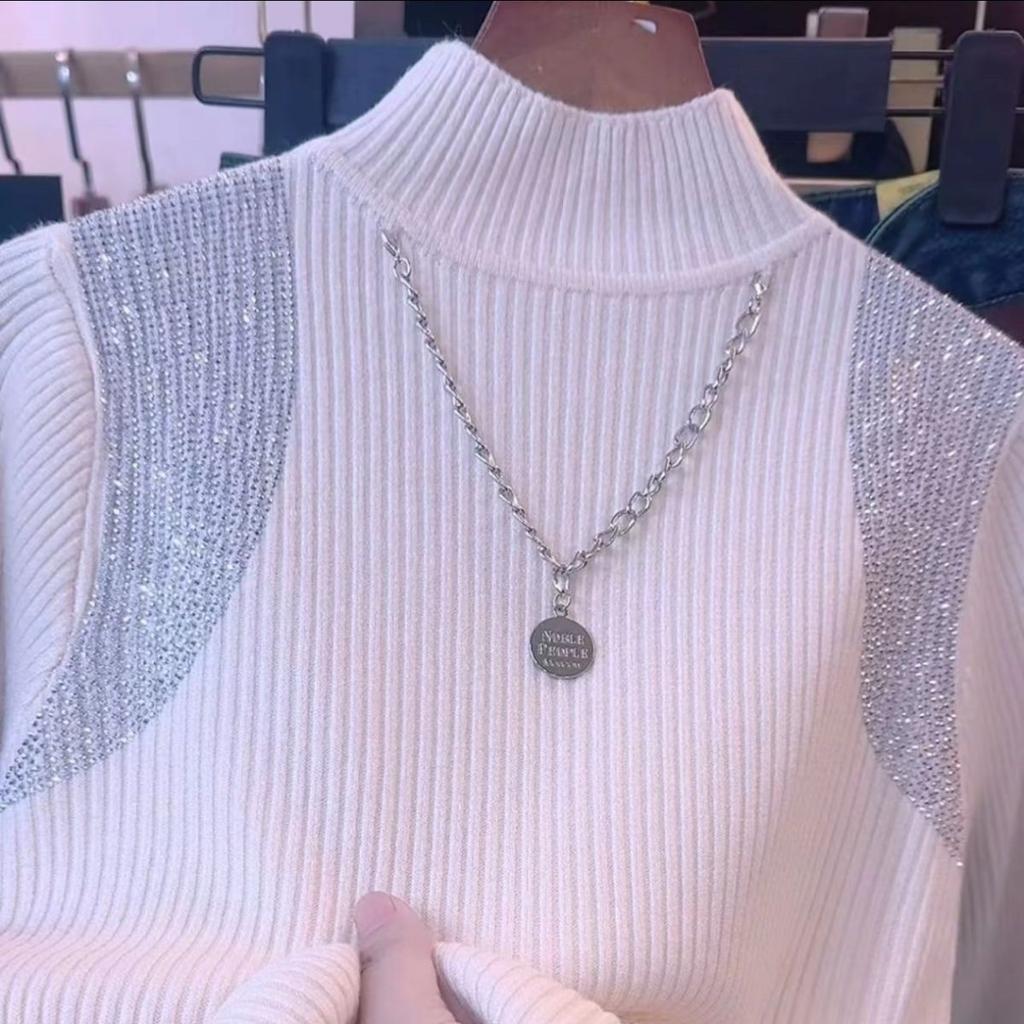 Women's Half Turtleneck Sweater Rhinestone Hollow Knit Pullover Sweater Autumn and Winter Solid Color Slim Fit Sweater Top
