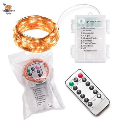 Remote Control LED Fairy String Lights with 8 Functions, Copper Wire, Battery-Powered for Camping & Christmas Decorations.