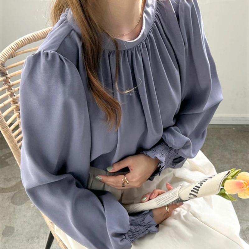 Spring New Vintage Loose Puff Sleeve Blouses Women Elegant Fashion Solid Casual Chiffon Shirt Women Simple Slim Pullover Blouse Woman Clothing 26567