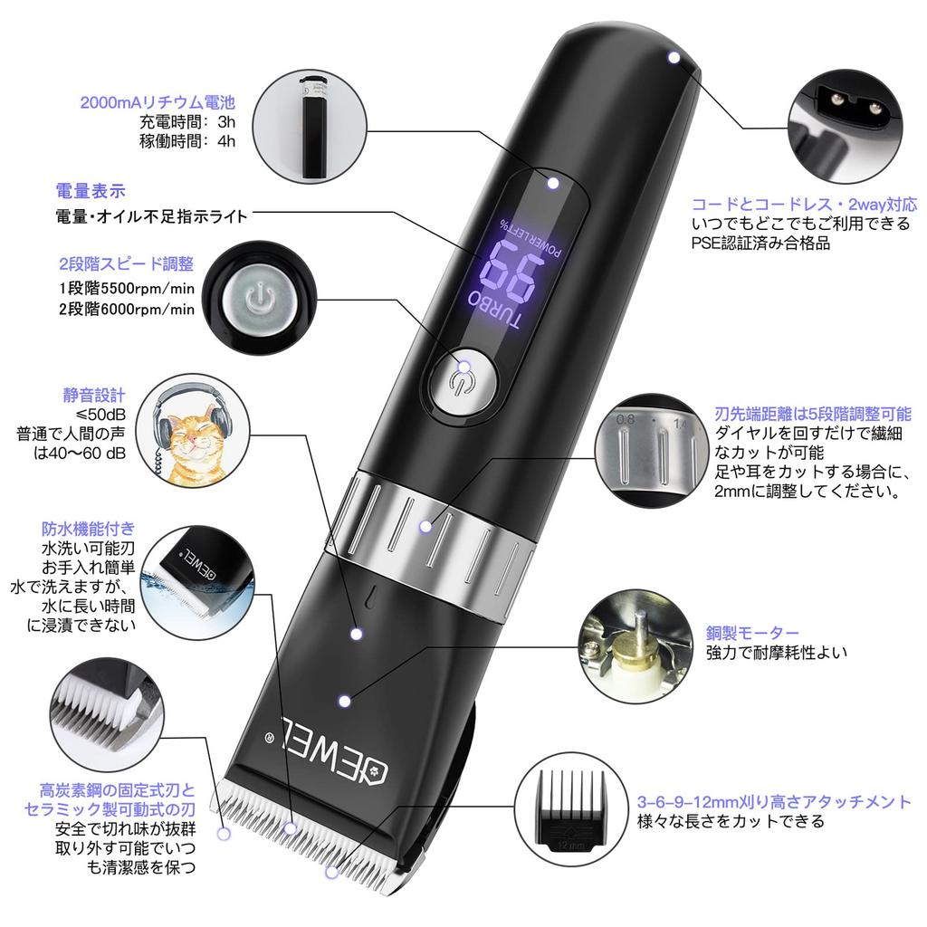 DEWEL Pet Clippers, Waterproof, Quiet, Cordless, 2-Speed, Pet Clippers for Dogs and Cats, Full Body Grooming, Professional Use, for Home Use