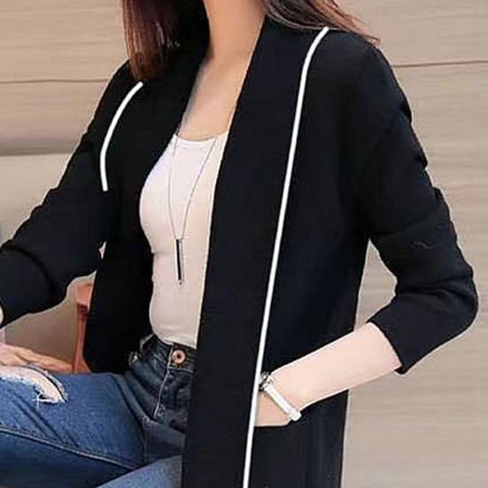Women Fall Winter Jacket Open Stitch Cardigan Long Sleeve Mid Length Solid Color Loose Pockets Lapel Lady Warm Coat
