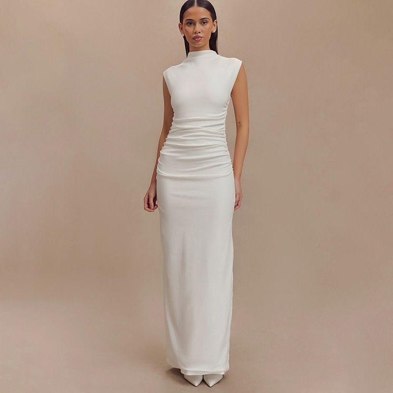 

Spring 2025 European and American Amazon Cross-Border Foreign Trade New Solid Sleeveless Pleat Zip-up Sheath Slim dress White XXL