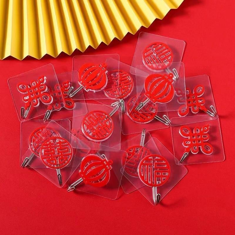 2pcs Nail Free Hooks Festive Lucky Word Hooks Red Lantern Hooks Chinese Knot Hooks Room Clothes And Hat Room Door Hooks Gifts