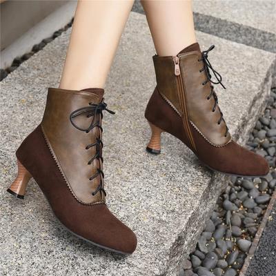 Autumn New Lace Up Ladies High Heel Shoes Strange Steampunk Boot Victorian Ankle Boots Women Round Toe Side Zip Short Boots