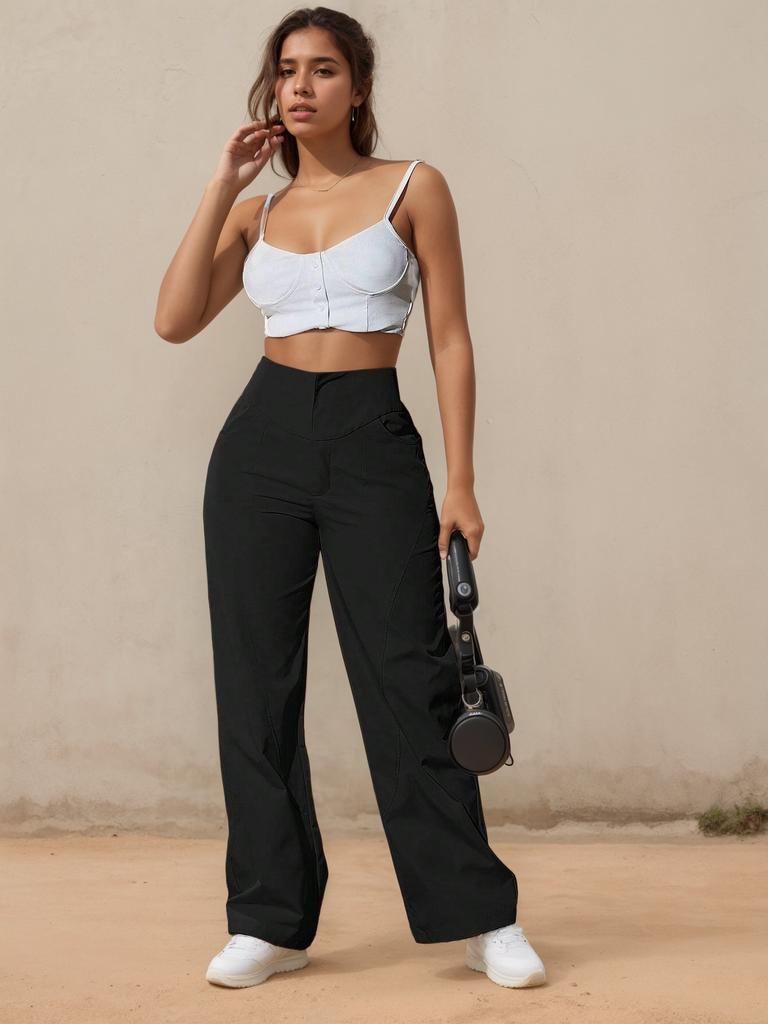 Rose Beauty A Women's Casual, Fashionable, Simple Solid-Colored Straight-Leg Pants Stretch wide legs Multiple buttons a row Trousers