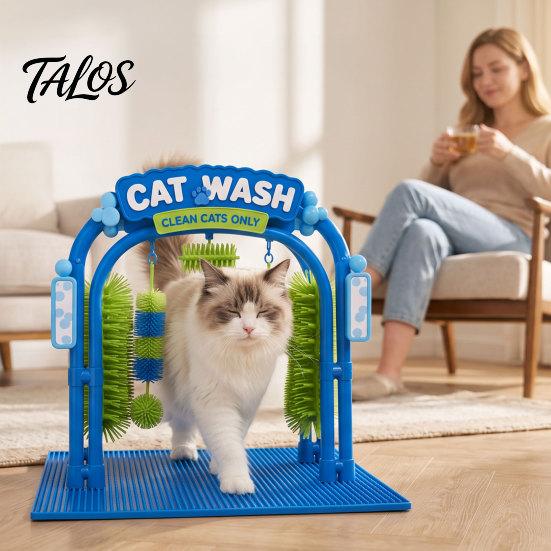 Arche à gratter pour chat, Station de lavage et de toilettage, Auto-toiletteur, Conception de jouet interactif pour voiture, Brosses douces à frotter, Grattoir masseur pour station de chats d'intérieur