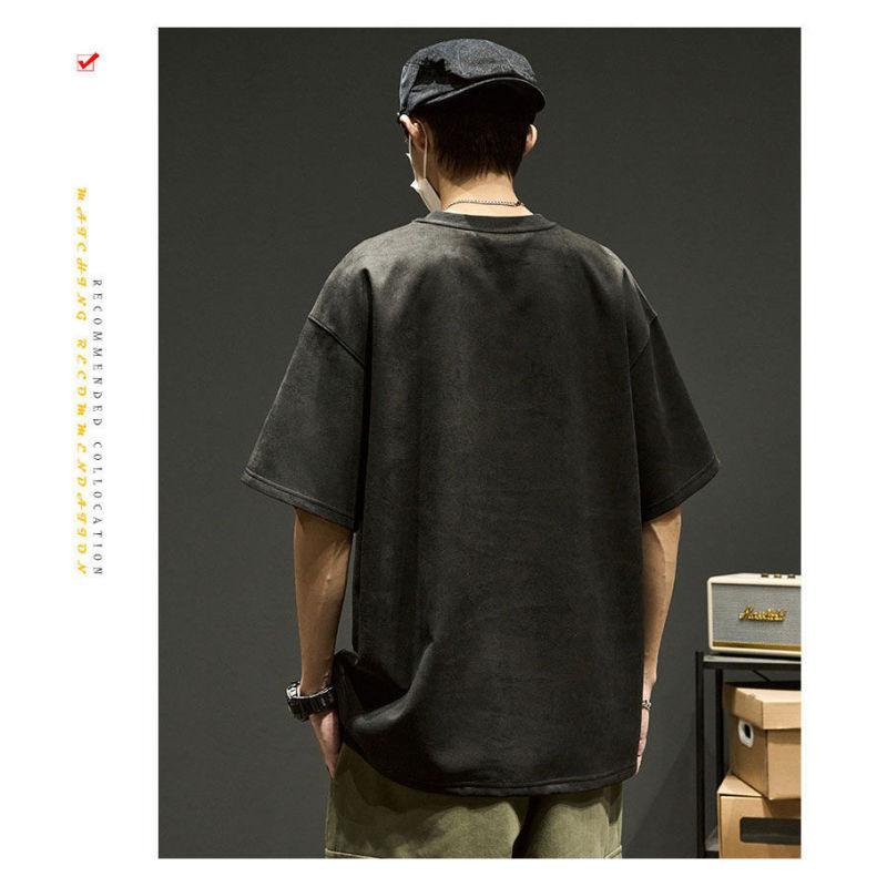 Kurzärmeliges Herren-T-Shirt aus Wildleder für Frühling und Sommer, Herrenbekleidung, trendiges japanisches Rundhals-All-Match-T-Shirt-Oberteil