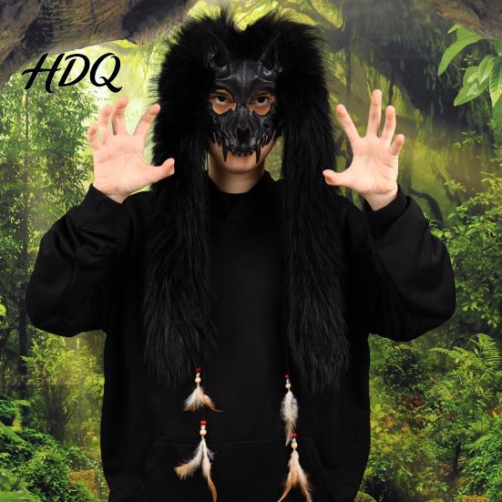 Měkká plyšová maska pro Comic Con Maska vikingské vlčí lebky Dlouhý kožíšek s třásněmi na uších Pokrývka hlavy Cosplay Tematická párty Kostým Pokrývka hlavy Párty Halloween Vlkodlak