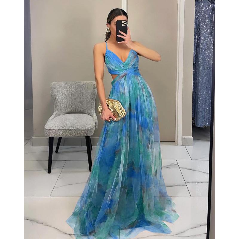 Spring and Summer New Mesh Printing Suspender Dress, Vacation Casual Party Dress