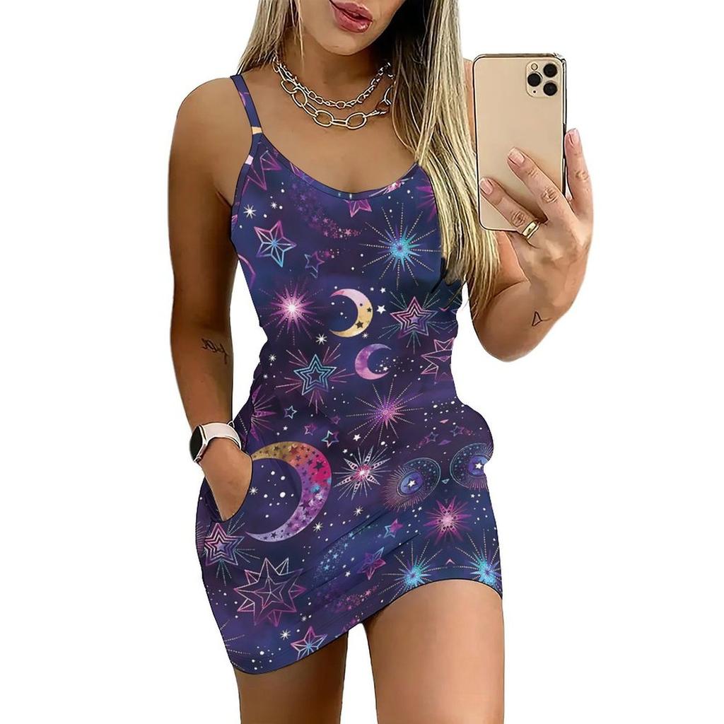 Summer New Starry Sky Pattern Print Sleeveless Bodycon Dress with Pockets Sexy Slim Fit Elegant Party Dress