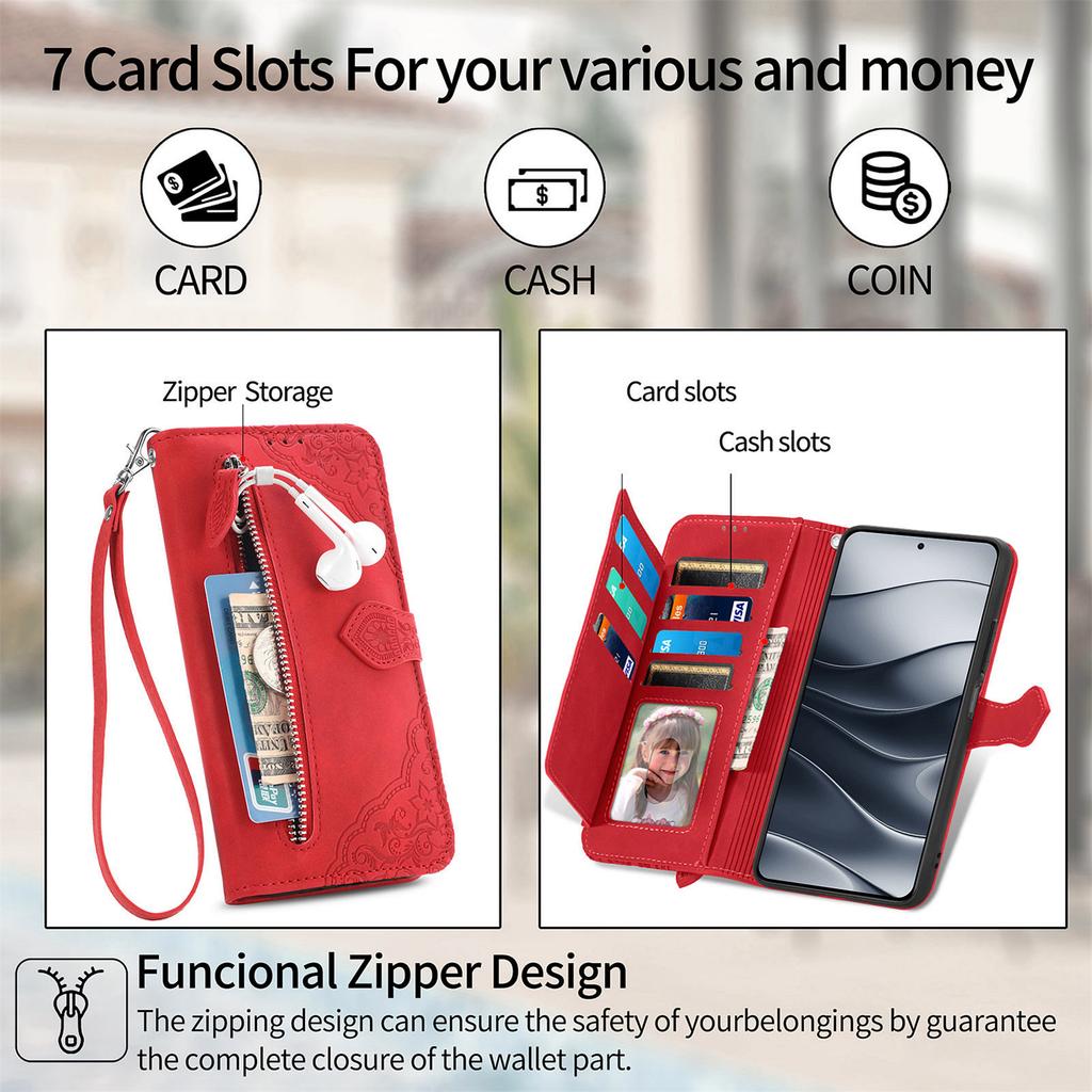 For Xiaomi Redmi Note 14 5G Zipper Wallet Case with Strap Flower Imprint PU Leather Phone Cover