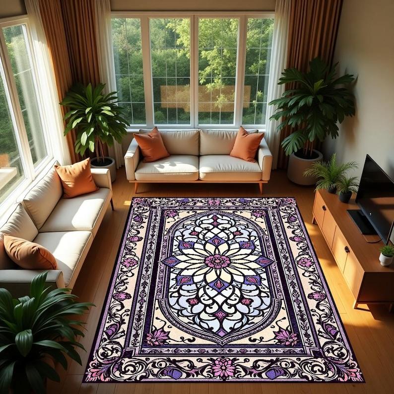 Stained Glass Style Rug with Purple and Pink Floral Motif for Vintage Style Romantic Living Room or Artistic Bedroom Decor