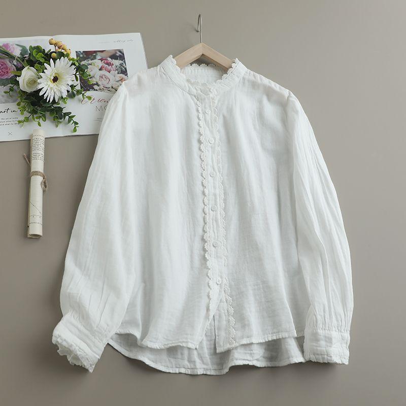 

Lacework round-Neck Cotton Yarn Long Sleeve Shirt Women s Loose Easiest for Match Hem Curved White Soft Glutinous Plaid Cardigan Top Tide White One size