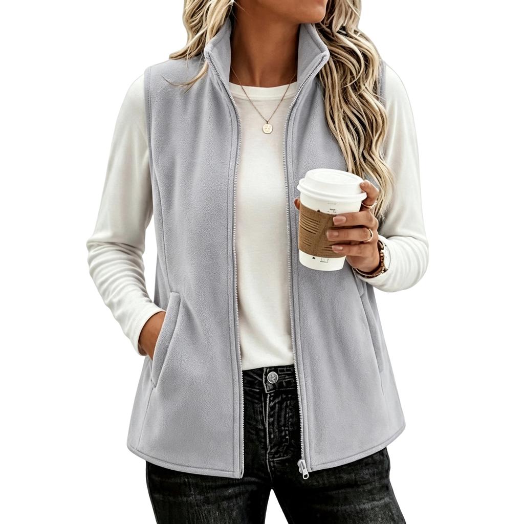 Women's Casual Loose Fit Sleeveless Vest with Stand Collar for Everyday Wear