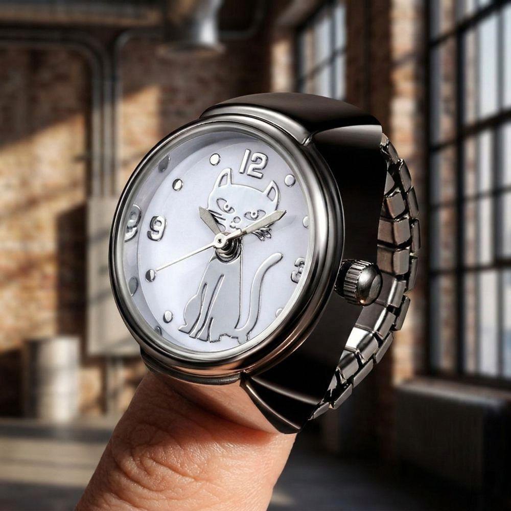 Round Finger Ring Watch Gold Cat Dial Clock Punk Quartz Watch  Clothes Accessories