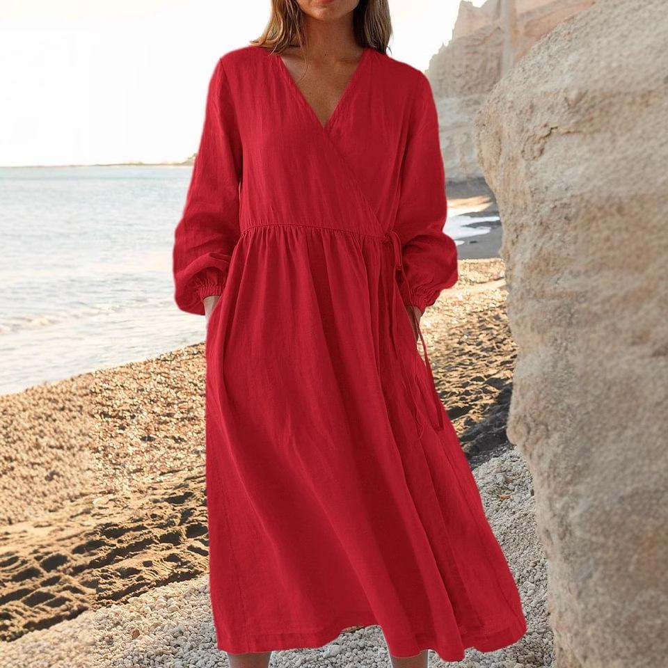 Women Summer Cotton Linen Dress Solid Color Loose Elegant Party Midi Dresses Casual Holiday Beach Dresses