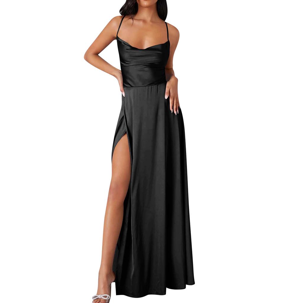 Women Summer Backless Long Satin Dress Cowl Neck Cross Spaghetti Strap Party Long Dress