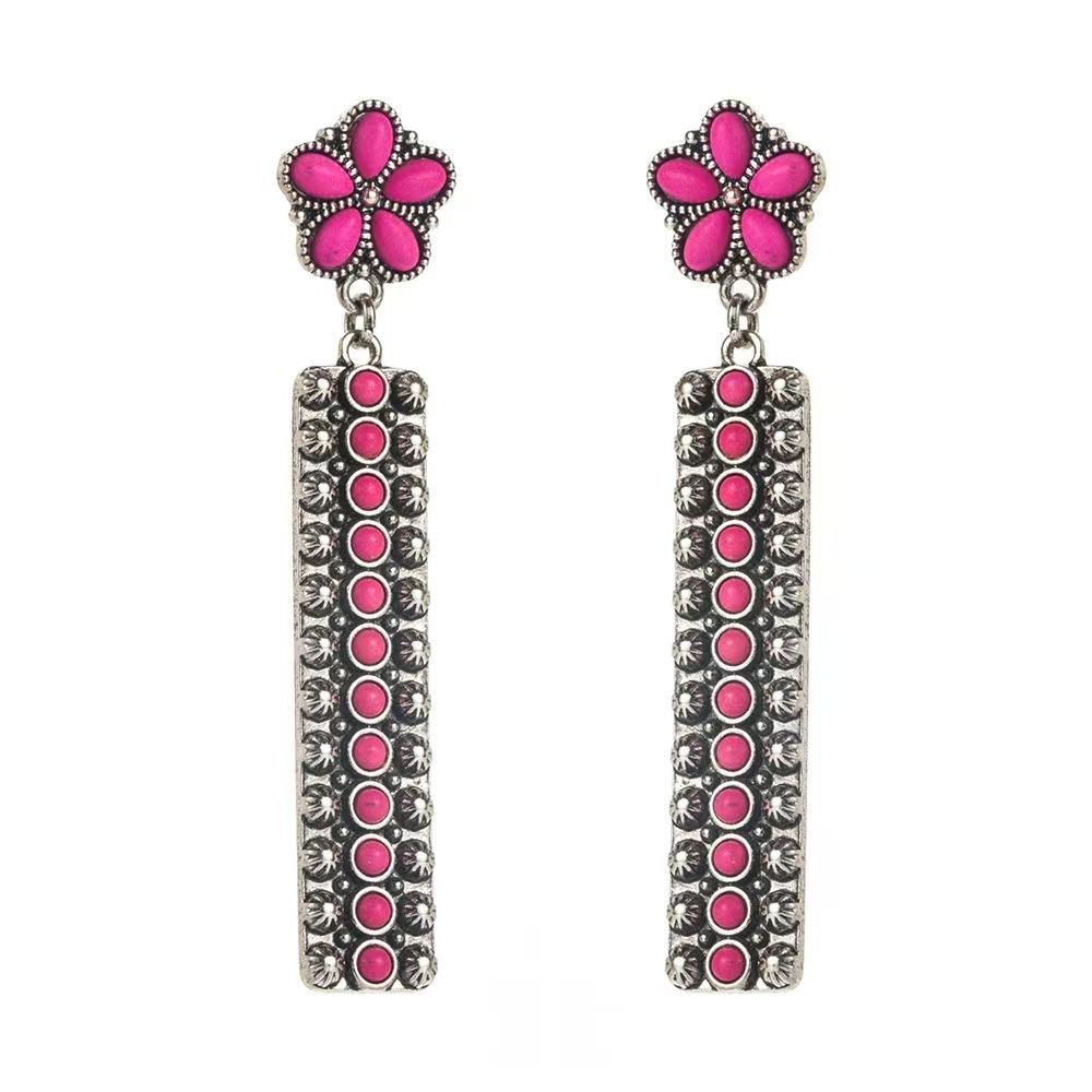Niche Premium Sense Vintage Flower Geometric Rectangle Turquoise Earrings Heavy Industry Bohemian Ladies Earrings