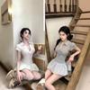 Sexy Pure Desire Ballet Style Knitted Splicing V-neck Short-sleeved Dress Women's Summer New Waist and Thin Short Skirt