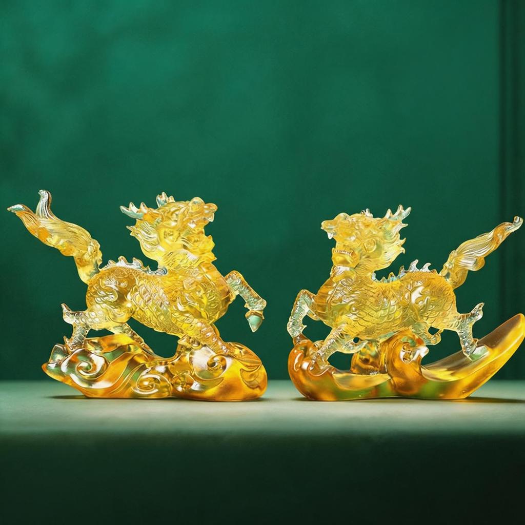 Aris & Juno Auspicious Qilin LIULI Ornament Handcrafted Chinese Mythical Beast Sculpture with Cloud Base, Feng Shui Good Fortune Symbol for Living