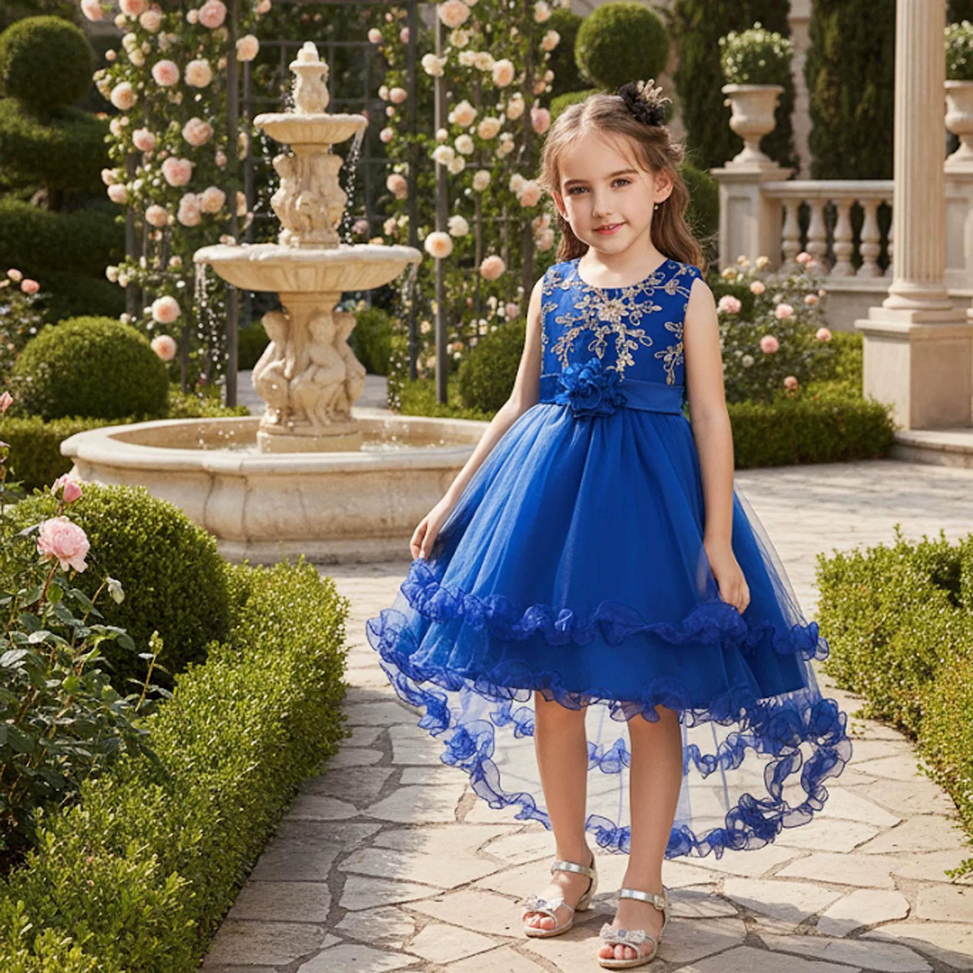 

Платье принцессы с вышивкой пайетками и цветами для детей, стиль подиума 120 синий