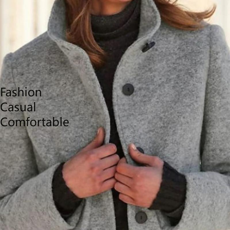 Casual Solid Color Stand-Neck Jacket with Print Design and Pockets for Autumn/Winter