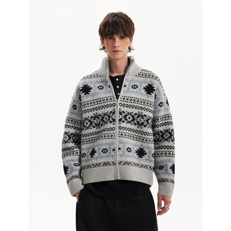 Blaexit Fair Isle Sweater Cashmere Sweater Men's Winter Thickened Diamond Pattern Knit Cardigan Jacket