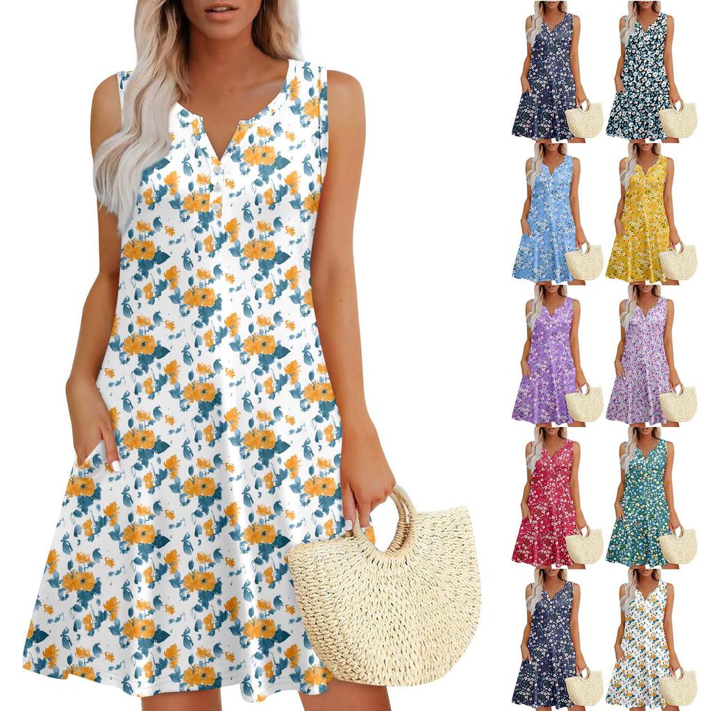 Damen Sommerkleider Lockeres V-Ausschnitt Ärmelloses Sommerkleid Kleid Mit Taschen