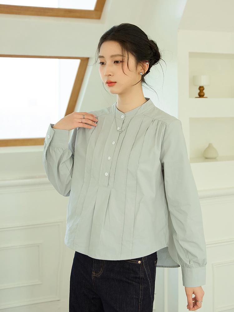 Women's Pleated Stand Collar Long Sleeve Shirt - Loose, Versatile, Elegant Design for Daily Wear