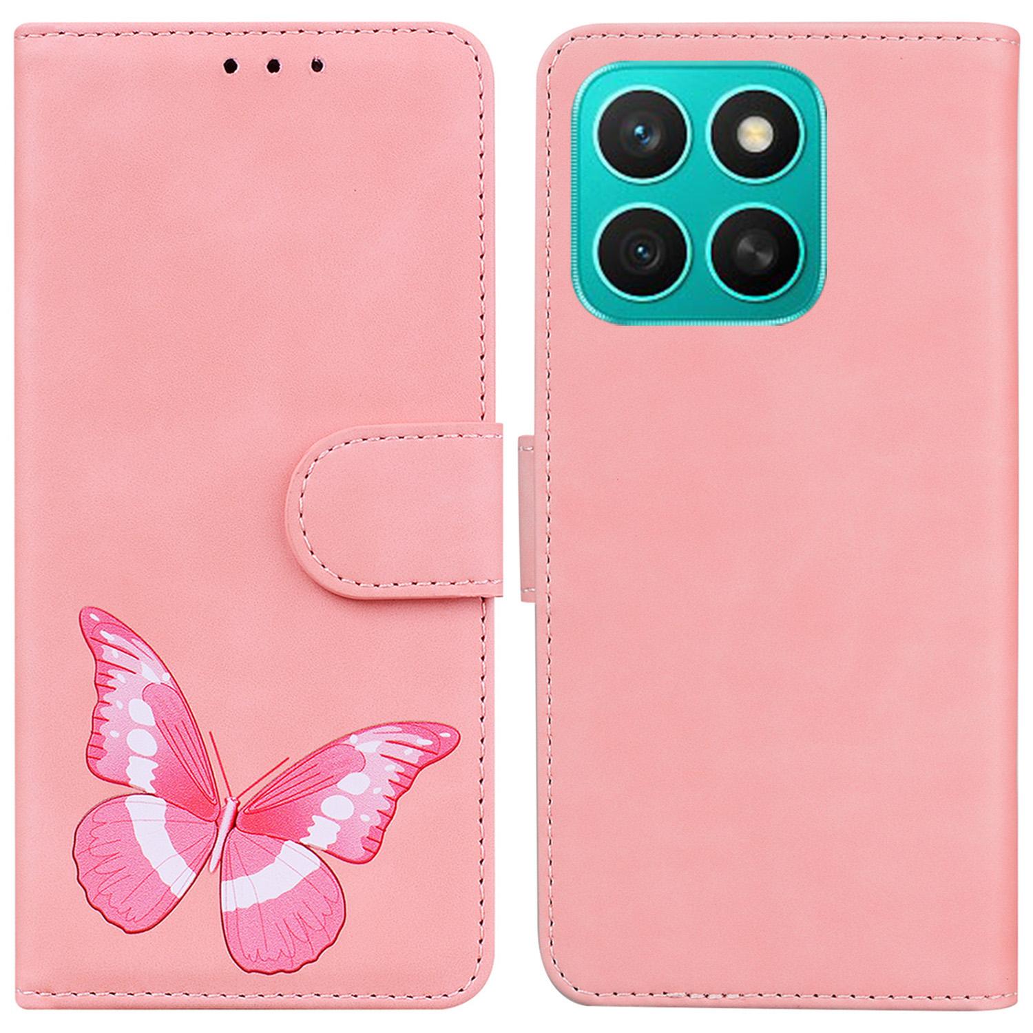 

For Honor X8c 4G Stand Case PU Leather Phone Cover Butterfly Printed Pink
