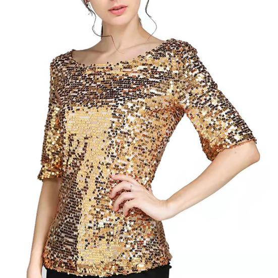 Women Sequin Top Sparkling T-shirt Stylish Comfortable Mid Sleeve Blouse Streetwear for Stage Performances Daily Wear