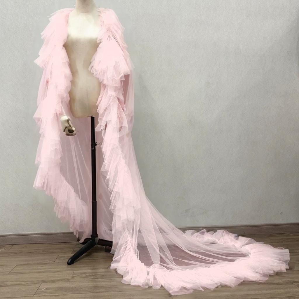 Women Multi Layer Ruffle Tulle Cape Long Train Sheer Mesh Cloak Detachable Pearl Strap Bridal Wedding Cover UpEvening dress Dance party attire