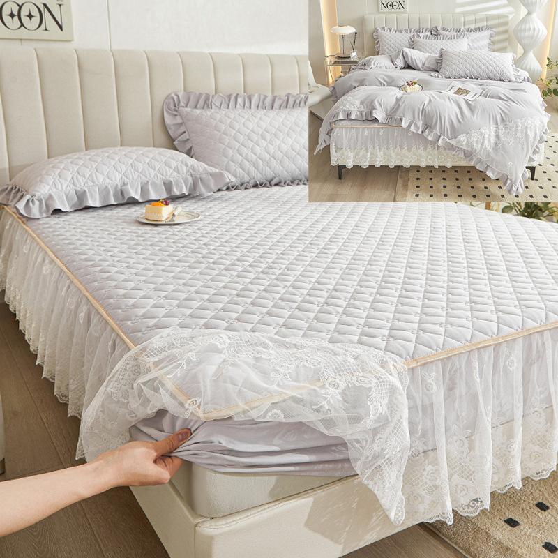 Colcha de renda estilo princesa, quatro estações, peça única, grossa, acolchoada, lavável, antiderrapante