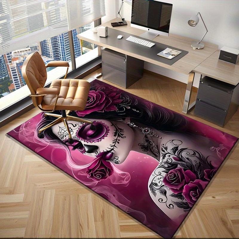 Tag der Toten Zuckerschädel Teppich für Gothic Heimdeko Lebendiges Lila Rose und Spitze Design Rutschfester Teppich maschinenwaschbar
