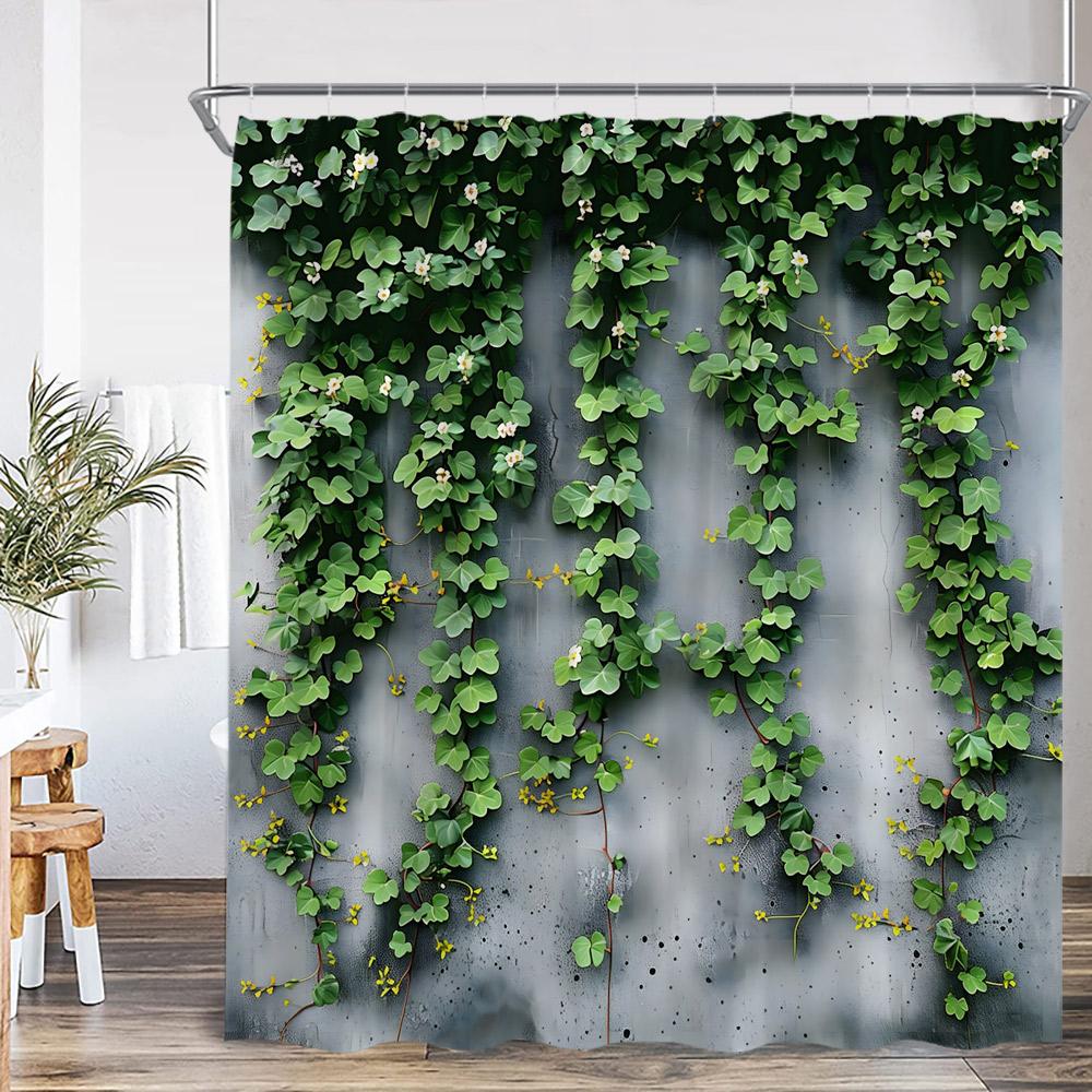 Green Vine Gray Wall Shower Curtain Green Leaf Plant White Purple Flower Nature Bathroom Decor Polyester Fabric Bath Curtain