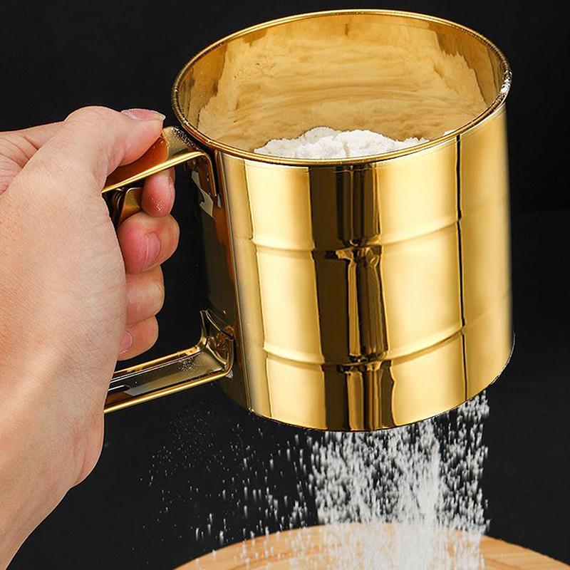 Semi-Automatic Fine Mesh Flour Sieve Sifter With Measuring Scale Stainless Steel Icing Sugar Filter Cup Strainer Kitchen Baking