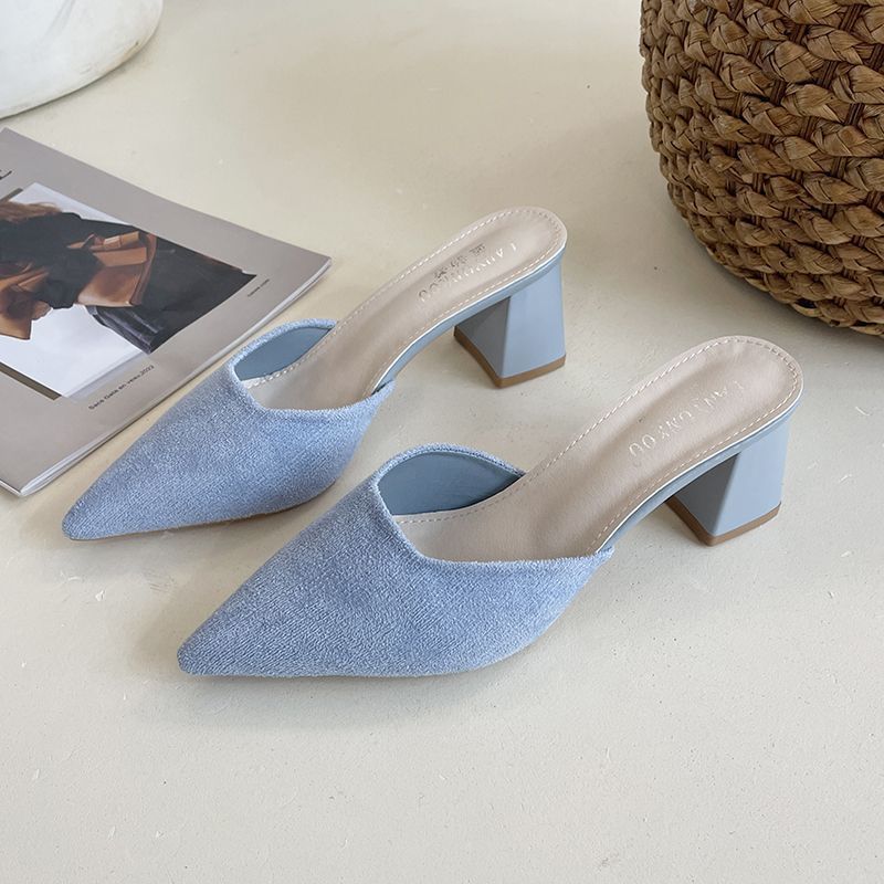 

Suede bag head half slippers women s summer wear pointed thick heel high heels light mouth muller shoes versatile black cool slippers 40 синий