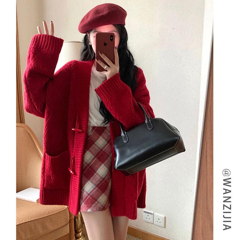Women’s V-Neck Mid-Length Knit Cardigan - Loose Fit for Spring & Autumn
