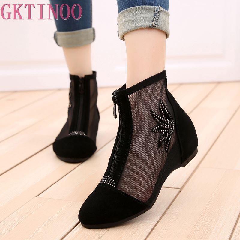 Fashion GKTINOO 2025 Fashion Cow Suede Summer Ankle Boots for Women Flat Heel Boots Mesh Cut Out Booties Casual Shoes Big Size 34-43