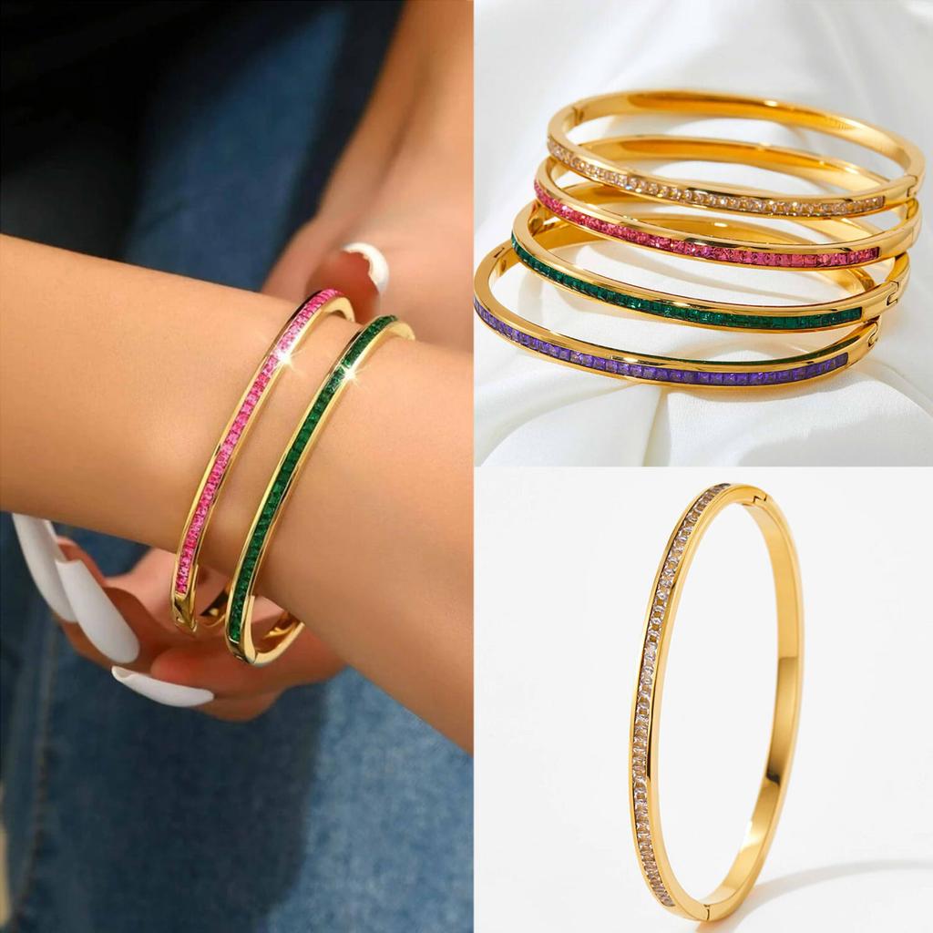 High Quality Gold Plated Stainless Steel Colorful Crystal Cz Baguette Wrist Bracelet Bangle Jewelry For Women