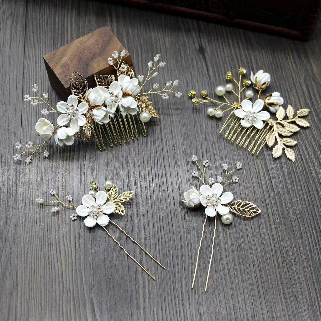Gold Bridal Headwear: Handmade Pearl Hair Accessories Set