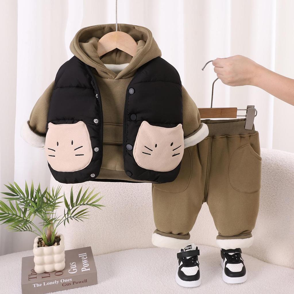 2025 Children's Cotton Fleece-Lined Three-Piece Set – Fashionable Winter Vest and Outfit for Boys